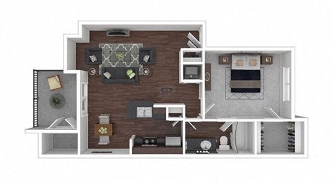 A 3D floor plan of a house showing a kitchen, living room, and two bedrooms.